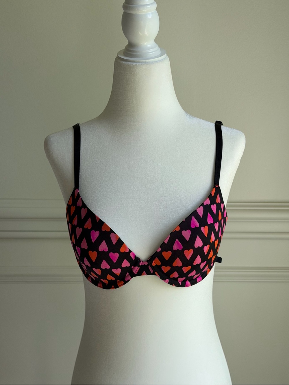 Victoria's Secret Black Push-Up Bra with Pink & Red Heart Print